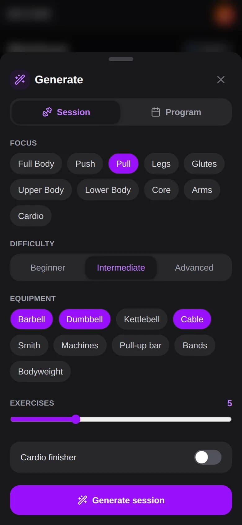 Generating a pull session filtered by difficulty and available equipment