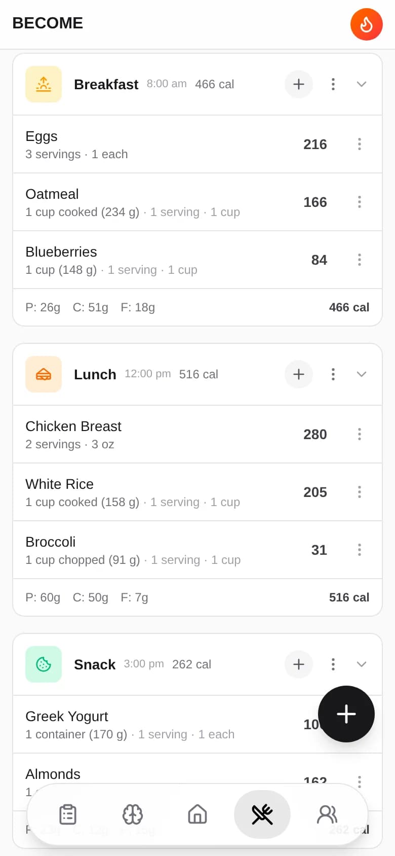 A logged breakfast broken out into eggs, oatmeal, and blueberries with calories per item